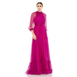 Mac Duggal Dress 68225 Chiffon Ruched Illusion Sleeve Ruffled Gown
